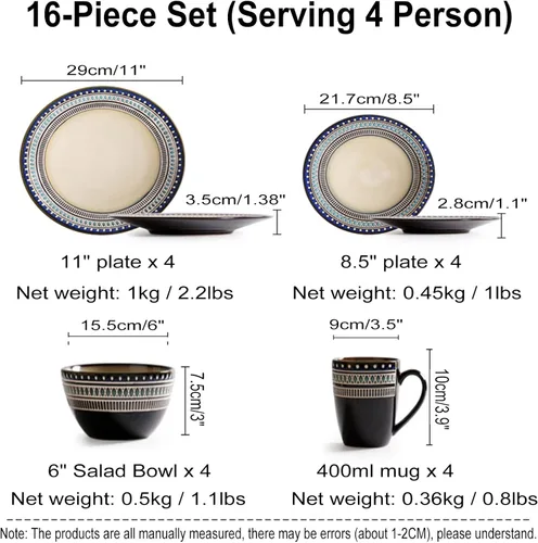 Vista 5 de Round 16-Piece Kitchen Porcelain Dinnerware Set, Service for 4, Plates and Bowls - Ceramics Dinner Set - Dinner Plate, Dessert Plate