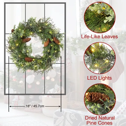Vista 3 de Corona de Navidad preiluminada para puerta delantera, corona verde decorada con conos de pino, racimos de bayas, ramas de ajuste abundante, coronas