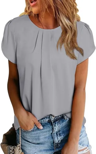 Dokotoo Blusa plisada básica de manga corta con cuello redondo para mujer, ajuste holgado, espalda curvada con abertura en la espalda, blusas de gasa