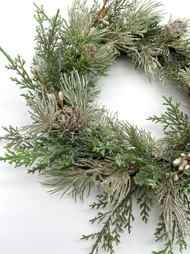 Vista 2 de Christmas & Holiday Table Decor and Candle Holder with Pinecones and Gold Bronze Branches on Grapevine Wreath Base - 8 Inches