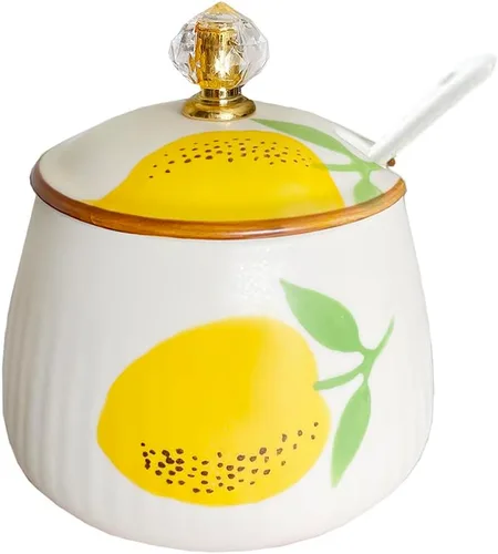 Tarro de cerámica para azúcar, tarro de almacenamiento de especias de limón con tapa y cuchara, 10 onzas