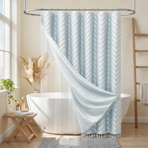 Vista 152 de Dynamene - Cortina de ducha de tela bohemia con rayas con chebrón en relieve, juego de cortina angosta para baño, media cortina impermeable