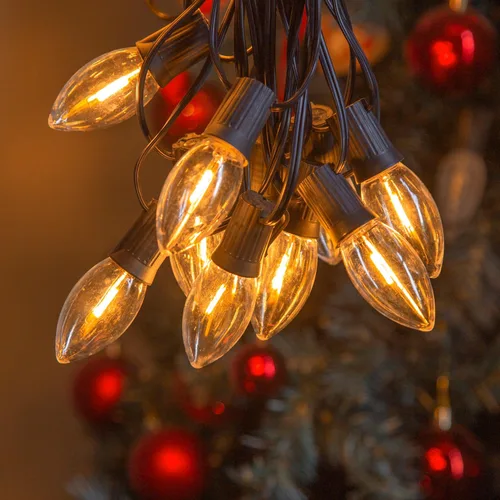 Vista 4 de Paquete de 25 bombillas LED C9 de Navidad, bombilla LED C9 de repuesto para cadena de luces de Navidad, base intermedia E17, 2200 K blanco cálido