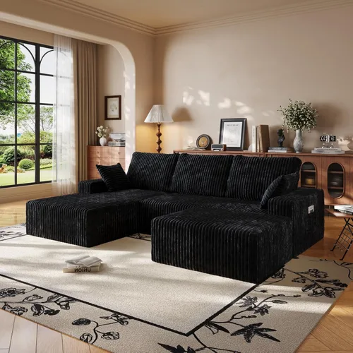 Vista 11 de L Shapes Boneless Cloud Couches for Living Room 4-Seat Modular Sectional Couch with Chaise Lounge, Comfy Flannel Fabric Sofa, Including Pillow and