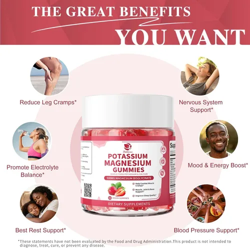 Vista 6 de Gomas de Suplemento de Potasio y Magnesio - Nueva Fórmula de Gomas de Glicinato de Magnesio Calmante y Citrato de Potasio 200 mg Más Omega 3, B6