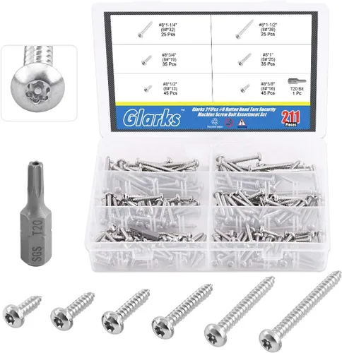 Vista 9 de Glarks Juego de 51 tornillos de acero inoxidable para chapa de seguridad Torx de cabeza de botón #8 x 1 pulgada con broca T20