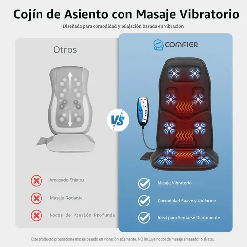 Vista 2 de COMFIER Cojín de Asiento Masajeador de Espalda con Calor, 10 Motores de Vibración, Almohadilla de Silla de Masaje, Masajeador de Silla para Alivio