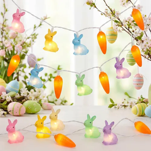 Abeja Guirnalda de luces multicolor de conejo y zanahoria, 8.5 pies, luz LED de hadas de Pascua con 10 luces LED de zanahoria, luces de Pascua para
