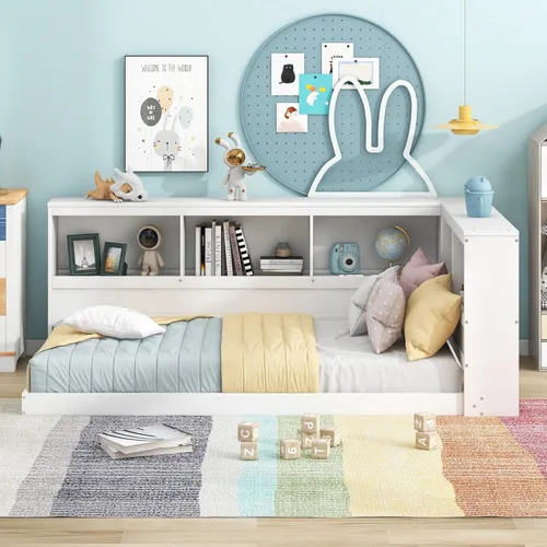 Vista 245 de Quarte Elegante cama de plataforma con estanterías en forma de L, cama de plataforma de madera tamaño individual con 2 cajones de almacenamiento