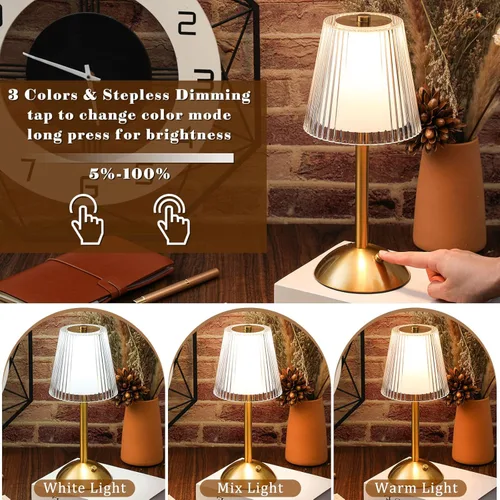 Vista 9 de Liliful 8 lámparas de mesa inalámbricas recargables al tacto, LED, pequeña, dorada, portátil, funciona con pilas, lámpara de escritorio USB-C, 3