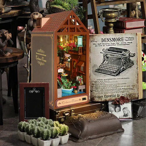 Vista 6 de Rincón de libros, rompecabezas de madera 3D de bricolaje, casa de muñecas LED, decoración de estantería de libros, soporte de libro de ciudad, kit