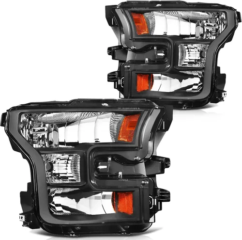 cciyu Conjunto de faros delanteros para Ford para F-150 13ª generación 2015-2017 carcasa negra ámbar reflector lente transparente faros