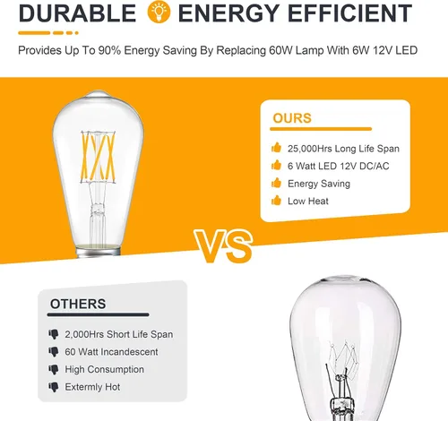 Vista 4 de Bombilla Edison de 12 V, 6 W, E26, 12 voltios, color blanco cálido, equivalente a 2700 K, 60 W, 600 lm, CC 12 V, 24 V, bajo voltaje, ST21