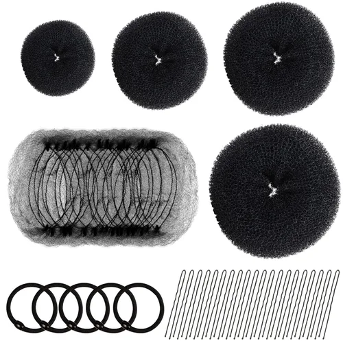 FANDAMEI Juego de 4 moldes para hacer bollos para el cabello, 20 redes invisibles, 5 elásticos, 20 alfileres para hacer bollos (negro)