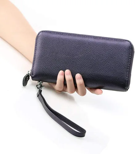 Vista 5 de Moflycom Cartera para mujer con bloqueo RFID, de piel auténtica, con cremallera alrededor, cartera de mano, cartera de mano, cartera larga de viaje