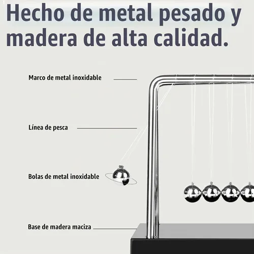 Vista 3 de Newtons Cradle Balance - Péndulo de 5 bolas, base de madera, base de madera, kit de juguetes para aliviar la calma de escritorio, decoración