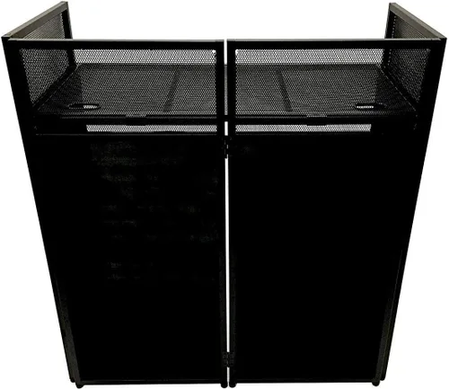 Vista 4 de Fachada para Eventos de DJ Scrim Blanco/Negro Marco de Metal Cabina + Mesa Plana de 20" x 40" Incluye Paneles Blancos y Negros + Estuches