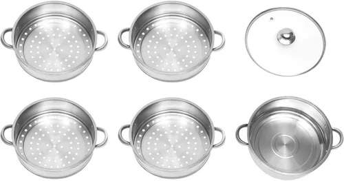 Vista 6 de Olla de vapor para cocinar de 5 niveles de acero inoxidable de grado alimenticio, olla de vapor de 10 pulgadas con tapa de vidrio, olla multiusos