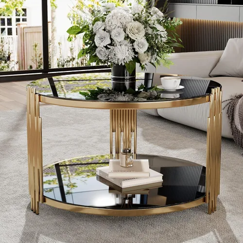 Vista 29 de KEVINSPACE Mesa auxiliar negra con borde dorado en la parte inferior, mesa de centro redonda para espacios pequeños, mesa auxiliar de madera mesita