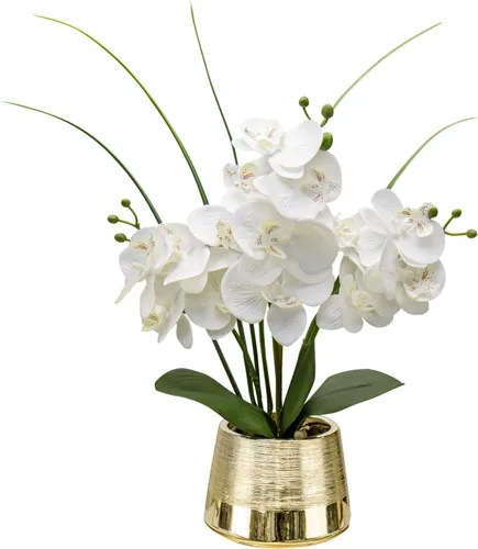 Vista 11 de Oairse - Orquídeas rojas artificiales en maceta dorada, orquídea falsa falsa falsa de Phaleanopsis, centro de mesa de orquídea falsa para mesa