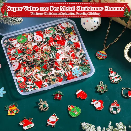 Vista 2 de Modacraft - 120 piezas de dijes navideños para la fabricación de joyas, múltiples estilos de dijes esmaltados en oro con Santa, copo de nieve, árbol