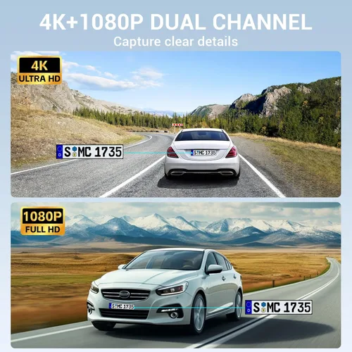 Vista 2 de Cámara de espejo retrovisor 4K, cámara de tablero de espejo de 10 pulgadas delantera y trasera con tarjeta de 64 GB, cámara de tablero de pantalla