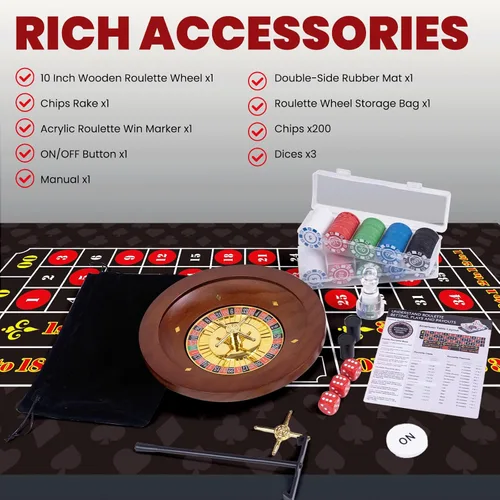 Vista 2 de WodGod Juego de ruleta y dados con alfombrilla de diseño de mesa de doble cara, rueda de ruleta de madera maciza de 10 pulgadas, 200 fichas
