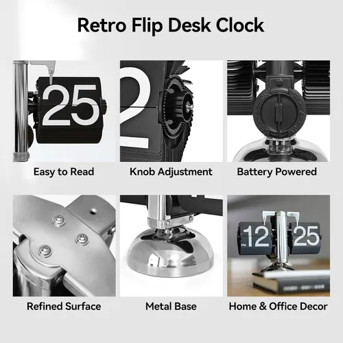 Vista 3 de Reloj de Escritorio Abatible, Reloj de Mesa Retro Vintage con Giro Automático, Reloj Mecánico de Números Grandes con Batería, Operado por Engranaje