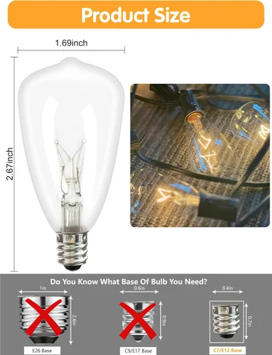 Vista 2 de Paquete de 10 bombillas ST35 de repuesto Edison transparentes, 5 W, base de tornillo C7/E12 de 5 vatios para luces de cadena de patio