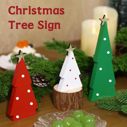 Vista 2 de Decoraciones de Navidad para interiores, 3 piezas de decoración de árboles de Navidad, decoración de estante de mesa, centros de mesa de madera