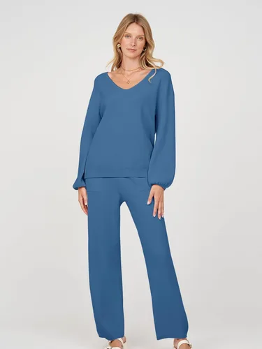 Vista 9 de MEROKEETY Conjunto de 2 piezas para mujer, de manga larga, cuello en V, suéter de punto y pantalón de pierna ancha