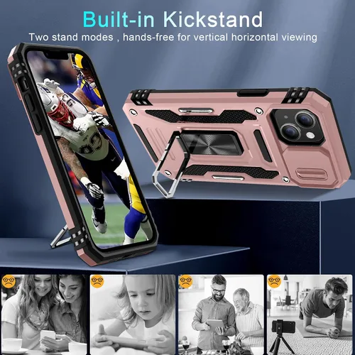 Vista 5 de DEERLAMN Funda para iPhone 14 Plus con cubierta deslizante para cámara + protector de pantalla (1 unidad), soporte de anillo giratorio de grado Oro