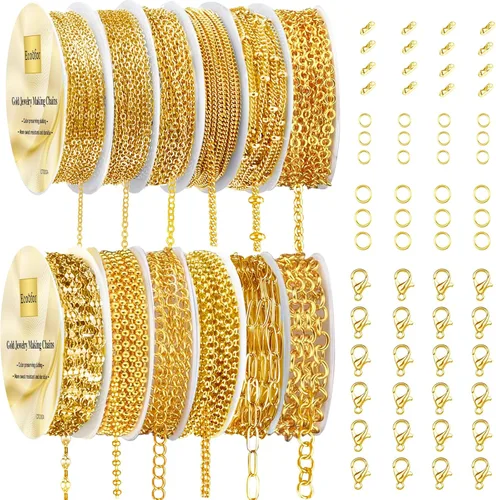 Vista 11 de Ecoofor Cadenas de collar de oro para hacer joyas, 62.3 pies, 8 rollos de cadenas de joyería para hacer collares, pulseras y joyas con anillos