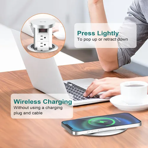 Vista 2 de Toma de corriente desplegable para encimera con PD 20W USB C, salida empotrada de encimera, 4 salidas de CA, 3 puertos USB y cargador inalámbrico