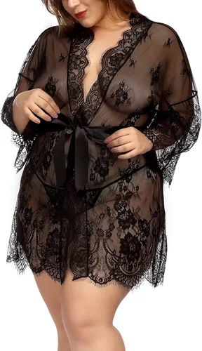 Vista 2 de TGD Conjunto de lencería para mujer en tallas grandes Bata de encaje tipo quimono