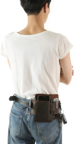 Vista 4 de Funda de cuero para teléfono celular para correr, para cinturón, funda multiherramienta con soporte para llaves, bolsa de cintura de ejercicio