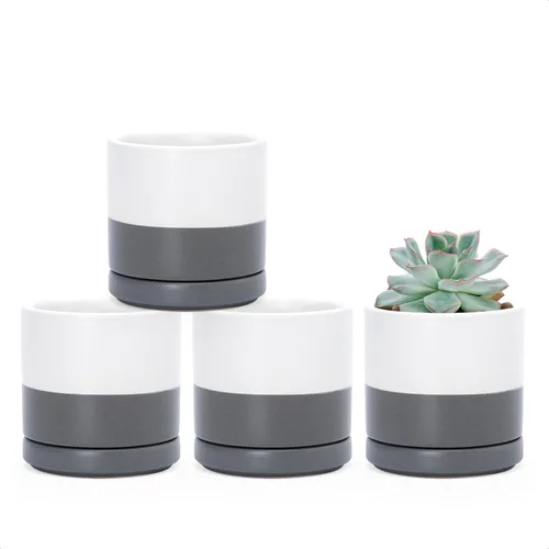 Vista 22 de D'vine Dev Juego de 4 macetas pequeñas de cerámica para plantas, maceta de 3.5 pulgadas para suculentas con orificio de drenaje y platillo, gris