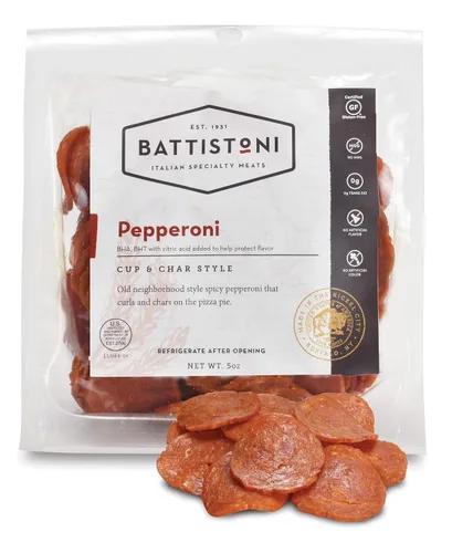 Battistoni Cup & Char - Pepperoni picante, paquete de 5, bolsas de 5 onzas