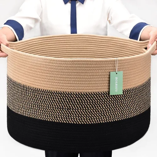 Vista 19 de Cesta de manta extragrande de 87 litros, cesta para la ropa sucia, cesta de guardería para guardar juguetes, ropa y toallas, cesta grande de cuerda