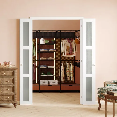 Vista 18 de Puerta Plegable de 180 Grados, para Aberturas de Puerta de Despensa de 24″x 80″, Puerta Plegable Blanca 1-Lite con Vidrio Esmerilado con Conjunto
