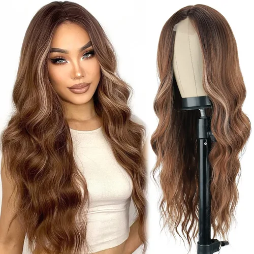 Peluca larga ondulada marrón degradado para mujer, de 26 pulgadas, raya en medio, pelucas de aspecto natural, fibra sintética resistente al calor,