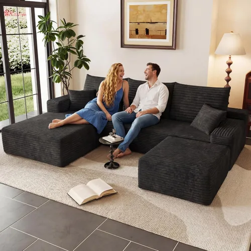 Vista 3 de Sofá modular Cloud de 95 pulgadas con otomana, moderno sofá nube en forma de U con asiento profundo, cómodo sofá de pana de 3 plazas, sofá de espuma