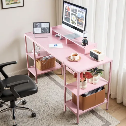 Vista 2 de MINOSYS Escritorio para computadora de 55 pulgadas con estante de almacenamiento - Rosa, ideal para dormitorios, espacios pequeños y oficinas