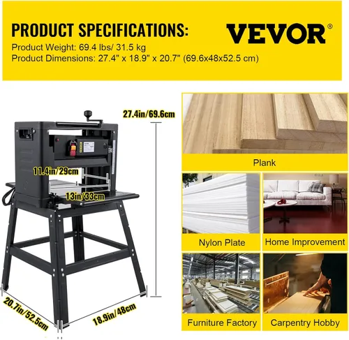 Vista 7 de VEVOR - Cepilladora de espesor de 13 pulgadas para banco, 2000W, 8000 rpm, 15 AMP, plegable, velocidad de cepillado de 6m/min, soporte de hierro