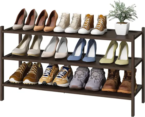 Vista 17 de kiplant Zapatero de bambú negro de 2 niveles, zapatero apilable de madera de bambú para armario, entrada y pasillo