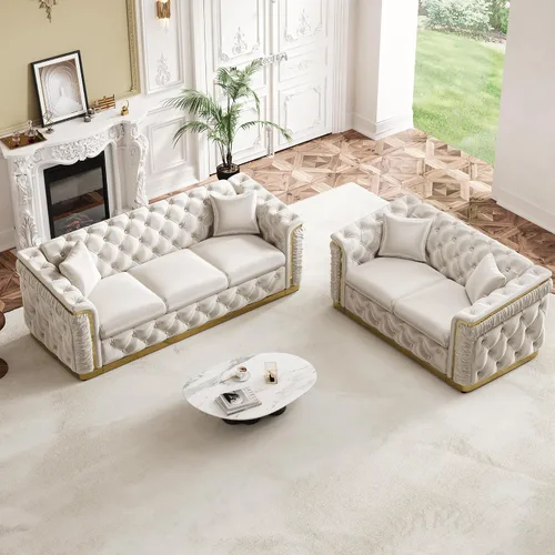 Vista 16 de Sofá de dos plazas Chesterfield de terciopelo de 62.2 pulgadas, sofá de lujo blanco y dorado, beige Gris