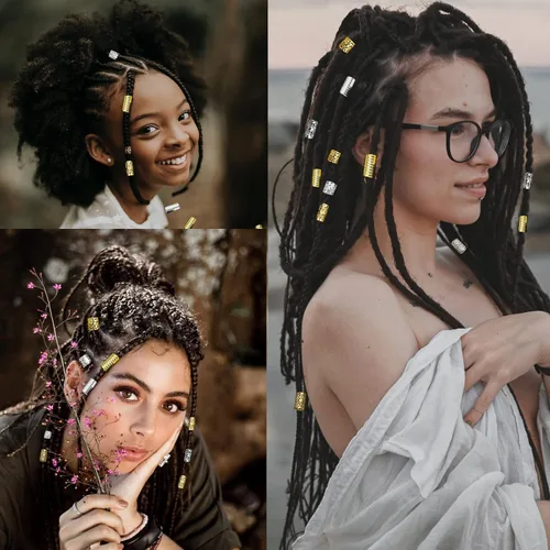 Vista 6 de 100 cuentas doradas para el cabello para niñas, joyería de cabello plateado para trenzas, accesorios de cabello de Flosius para trenzas, accesorios
