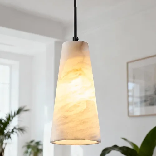 Vista 9 de Luces colgantes de alabastro natural, isla de cocina, pantalla cónica de mármol blanco, modernas lámparas de techo negras para dormitorio, comedor