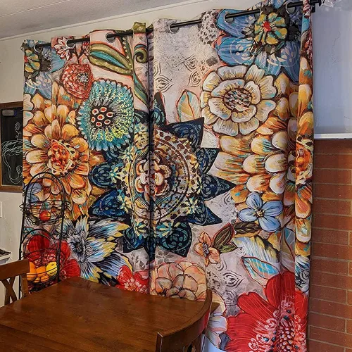 Vista 3 de 2 paneles de cortinas bohemias para ventana, patrón geométrico bohemio, a rayas, cortinas opacas con ojales, 52 x 63 pulgadas