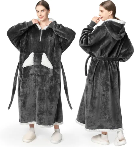 Vista 12 de Touchat - Sudadera con capucha estilo cobija, manta Sherpa de gran tamaño con bolsillo y mangas, manta con capucha súper suave, cálida y cómoda, Vino